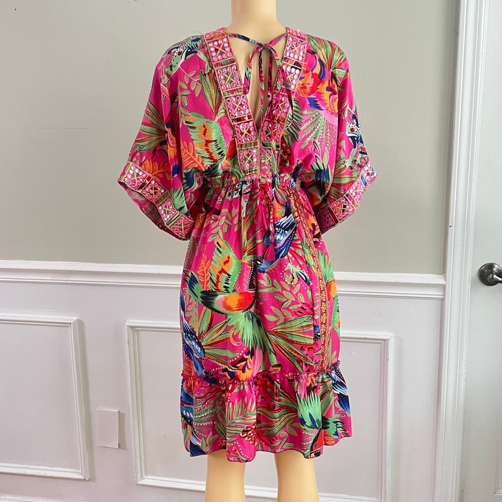 Dress Nado Tropical Bird Mini Dress S Womens Boho Mirror Embroidered Pink Kaftan - Picture 4 of 13